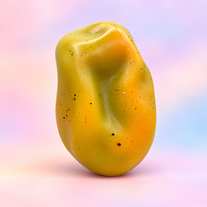 Color changing mango crunchy squishy fidget toy on a soft pastel studio background