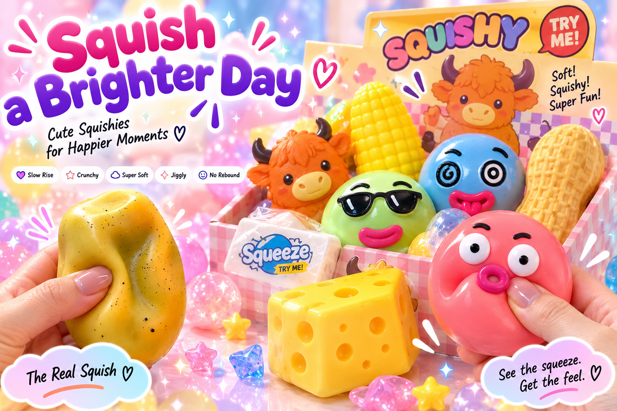Squish a Brighter Day — colorful squishies including a Highland cow, cheese cube, corn and expressive squeeze balls.