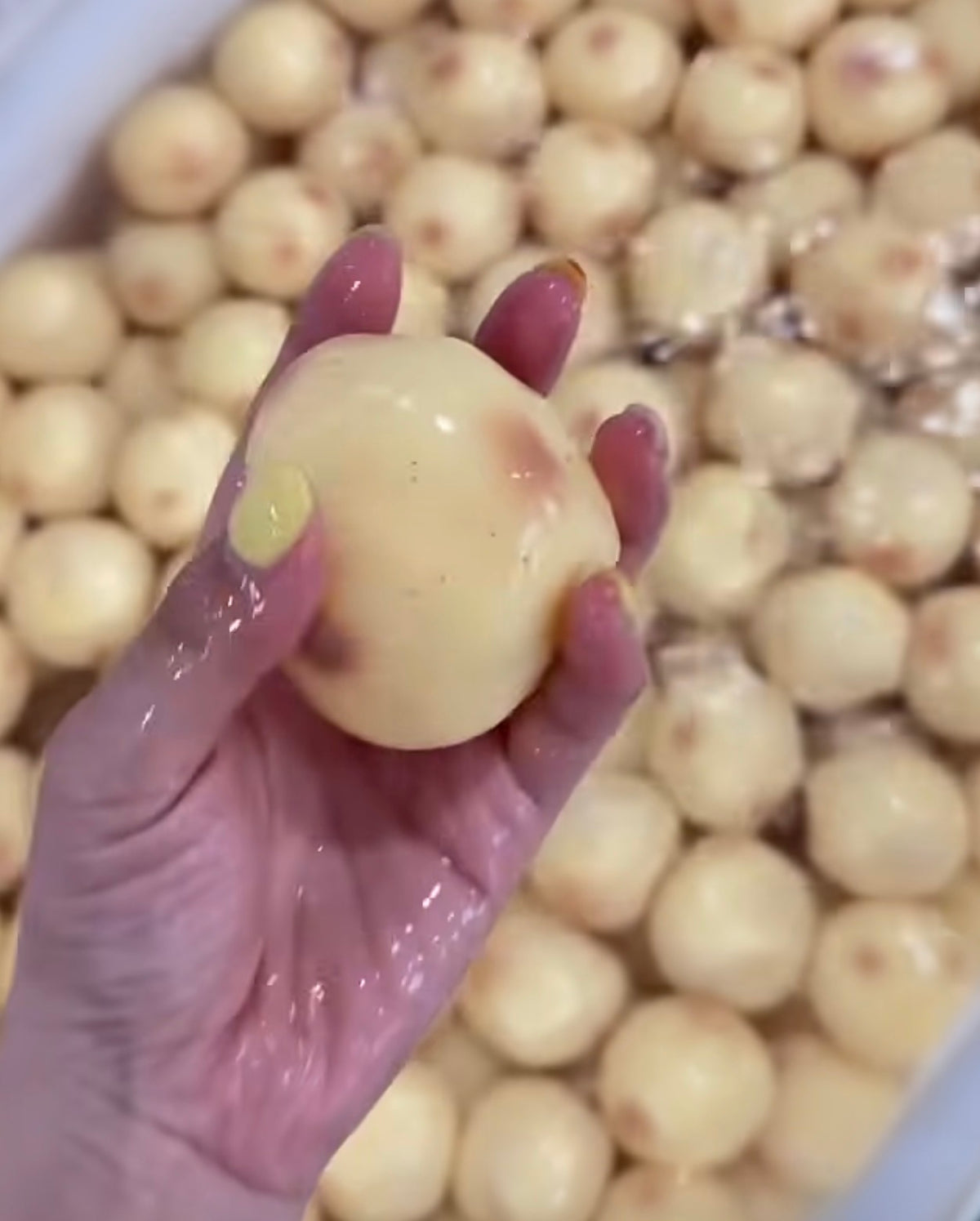 Ultra-soft mashed potato squishy shown rounded and stretched